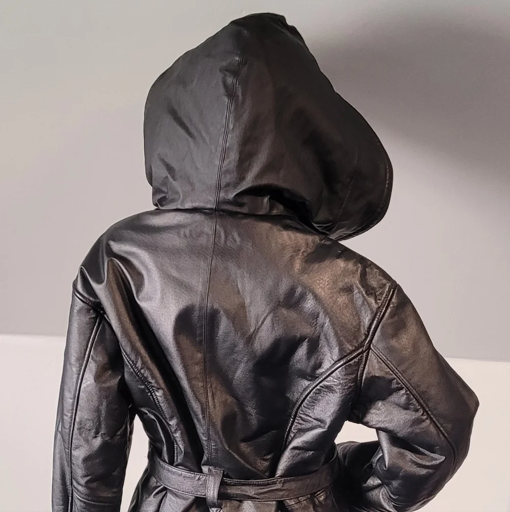 Wilsons Leather Women's Black Tie Waist Zipper Leather Faux Fur Coat Sz L W/Hood - Picture 3 of 14